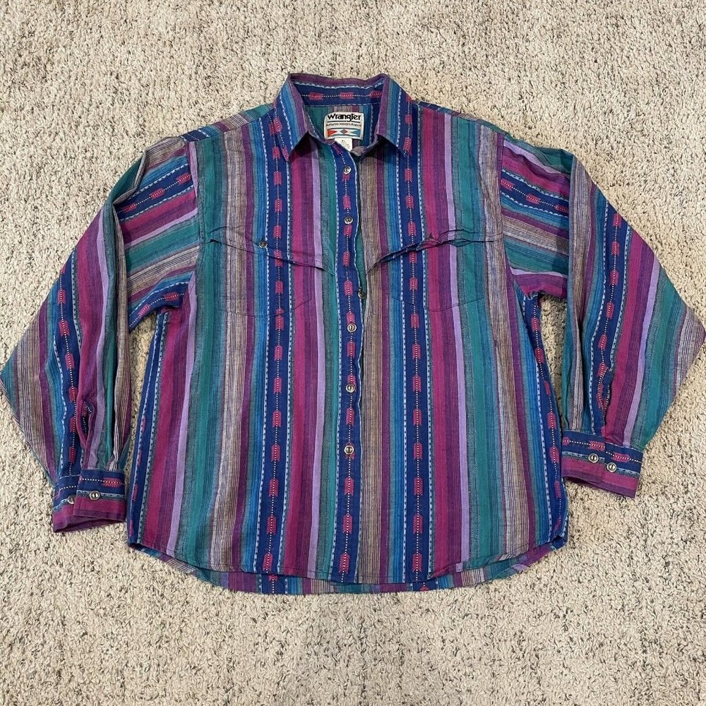 Vintage Wrangler Shirt Womens XL Multicolor Geometric Button 70s Cowgirl Western